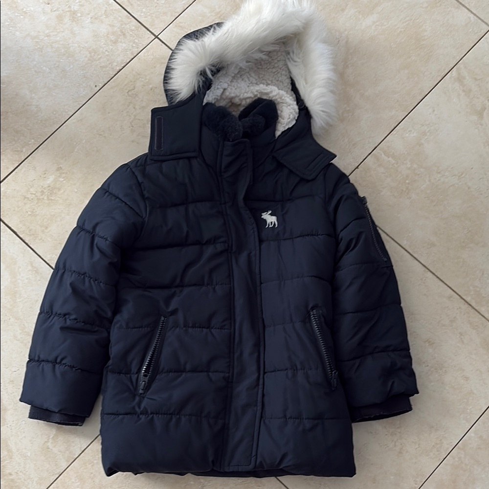 Abercrombie & Fitch Navy Puffer Jacket with Faux Fur Hood